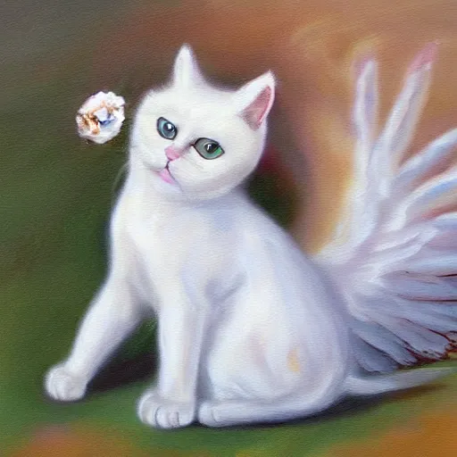 Image similar to a painting of a white cat with angel wings, a fine art painting by hanns katz, trending on deviantart, angelic photograph, majestic