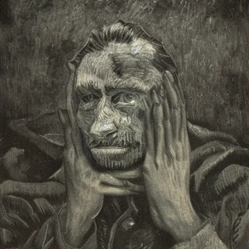 Image similar to internal conflict, morbid photography, dark, gloomy, vincent van gogh