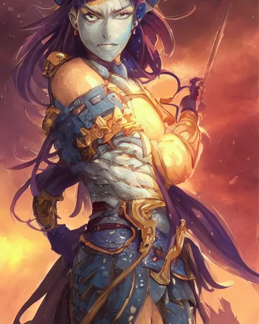 Image similar to An anime portrait of a beautiful D&D half-orc female with long wavy dark blue hair, bright orange eyes, intricate full body armour, fantasy soldier, by Stanley Artgerm Lau, WLOP, Rossdraws, James Jean, Andrei Riabovitchev, Marc Simonetti, and Sakimichan, highly detailed, ultra detailed, golden hour, trending on artstation, cgstudio