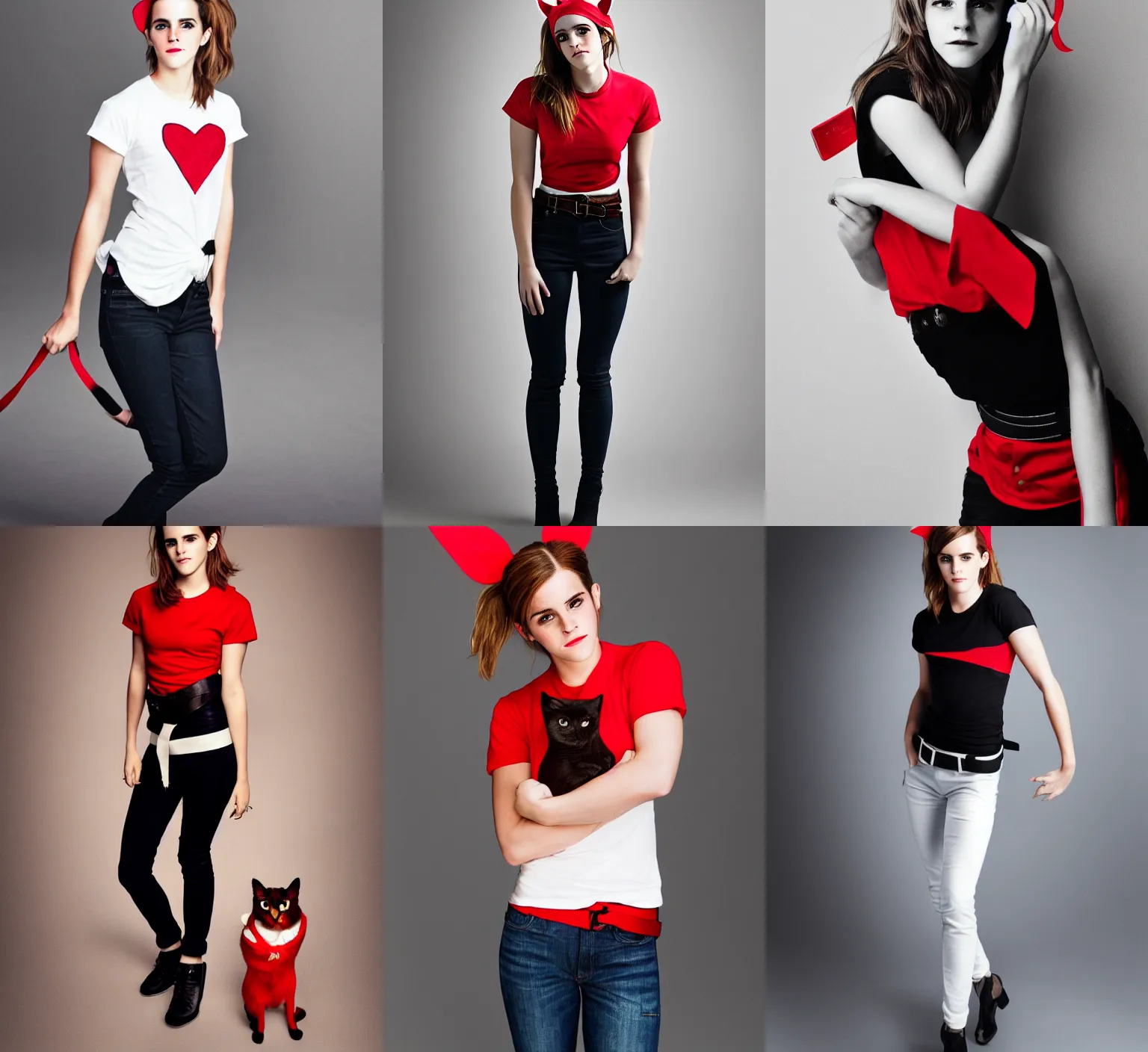 Prompt: emma watson with cat ears wearing a red t-shirt, white belt, and black jeans, studio lighting, photo shoot