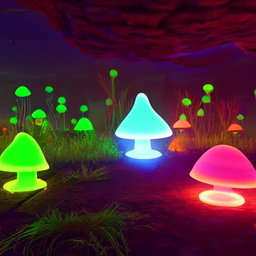 Prompt: many large bioluminescent mushrooms, unreal engine 5, uhd wallpaper