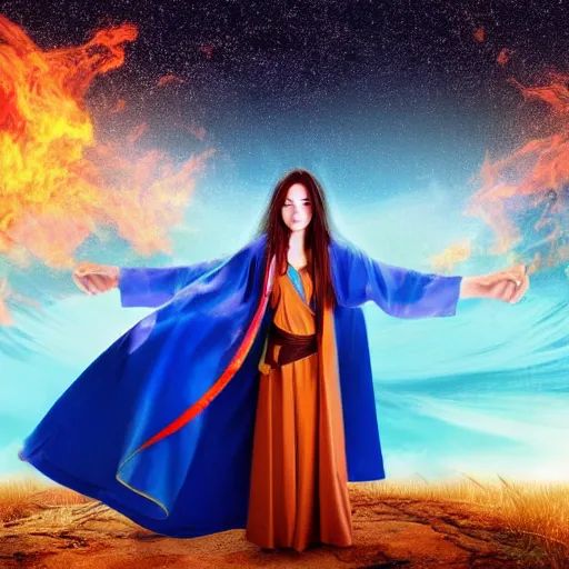 Prompt: high definition illustration of young mage woman with long blue cape, fire in outstretched hand, flowing brown hair, enjoying the view of a horizon of close planets in the sky, dense jungle, high definition, extremely detailed, hyper realism