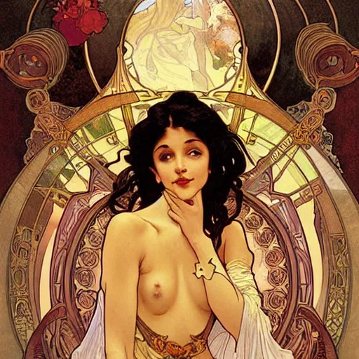 Prompt: a young brown skinned short brown haired female genie, emerging from her lamp, confident and smiling, by Alphonse Mucha, Ayami Kojima, Amano, Charlie Bowater, Karol Bak, Greg Hildebrandt, Jean Delville, and Mark Brooks, Art Nouveau, Neo-Gothic, gothic, rich deep moody colors