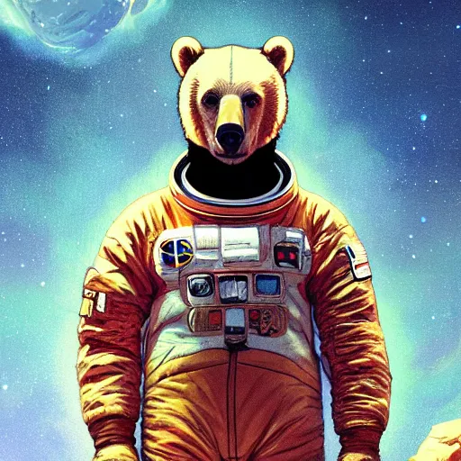 Image similar to a bear in a astronaut suit and walter white, intricate, highly detailed, digital painting, artstation, concept art, smooth, sharp focus, illustration, unreal engine 5, 8 k, art by artgerm and greg rutkowski and alphonse mucha