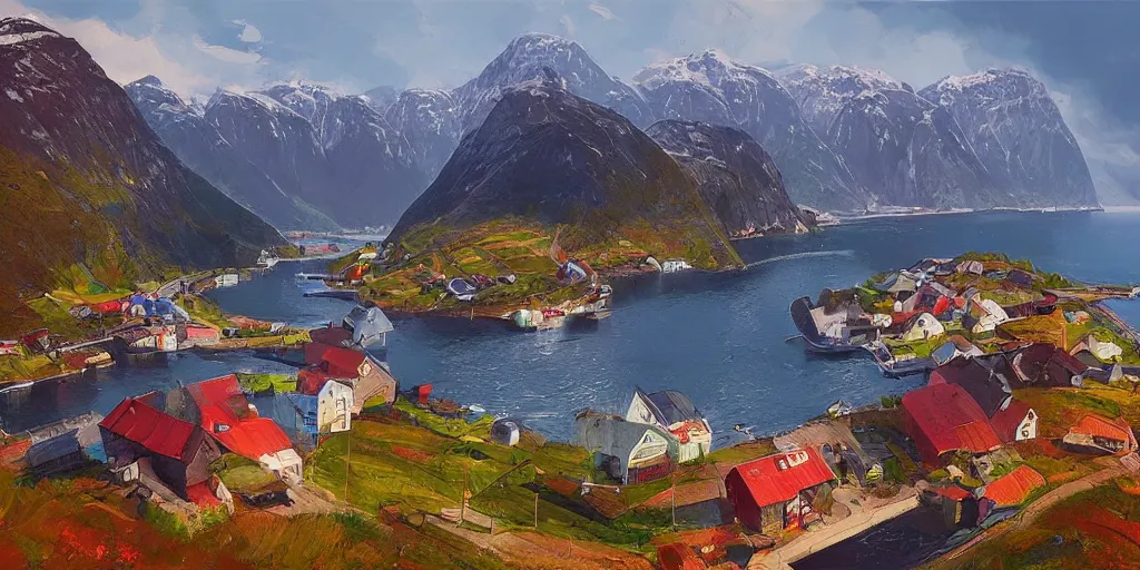 Prompt: a small fishing village nestled in the fjords of norway by alena aenami, petros afshar, colin campbell cooper speedart