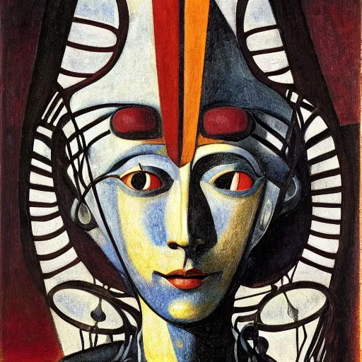 Prompt: portrait of a robot shaman, by annie swynnerton and and rufino tamayo and jean delville and edward hopper and evelyn de morgan, art deco shaman, stylized geometric flowers, art brut, outsider art, symbolist, dramatic lighting, god rays, clean crisp graphics, smooth sharp focus, extremely detailed, adolf wolfli