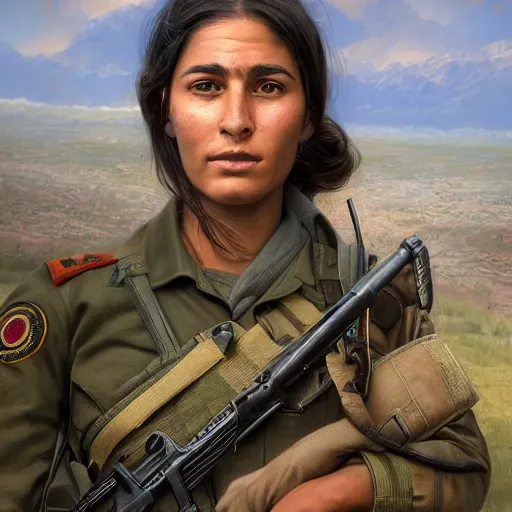 Image similar to beautiful YPJ soldier wearing a Kurdistan flag insignia in the defense of Kobanî in the siege of Kobanî, detailed, centered, digital painting, artstation, concept art, donato giancola, Joseph Christian Leyendecker, Boris Vallejo, Breathtaking, 8k resolution, extremely detailed, beautiful, establishing shot, artistic, hyperrealistic, beautiful face, octane render