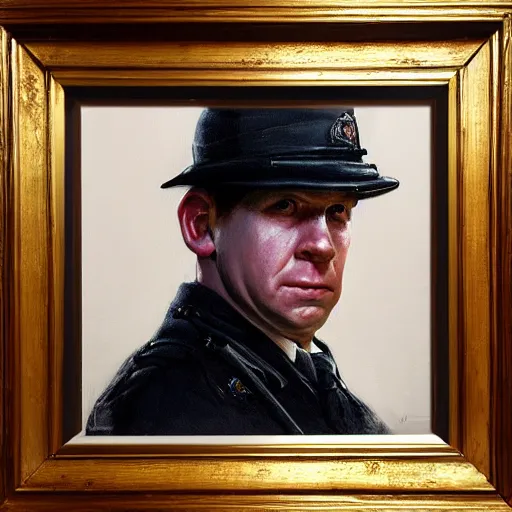 Image similar to ultra realistic portrait painting of simon skinner from hot fuzz, art by frank frazetta, 4 k, ultra realistic, highly detailed, epic lighting