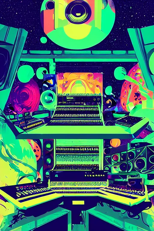 Image similar to giant speaker system and music recording studio inside the international space station filled to the brim with electronic equipment and modular synthesizers, poster art by victo ngai, ori toor, kilian eng behance contest winner, crystal cubism, poster art, cubism, tarot card, psychedelic art, concert poster, poster art, maximalist