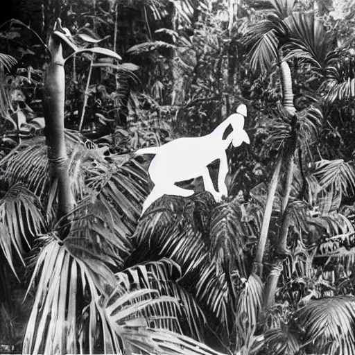 Image similar to a rizom lost film footage of a 3 d shape in the middle of the tropical jungle / tropicalism / tropicalism / tropicalism / film still / cinematic / enhanced / 1 9 2 0 s / black and white / grain