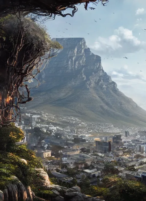 Prompt: chtulu attacking cape town city, table mountain, dense foliage beautiful details, strong composition by kim jung giu weta studio rutkowski, james gurney and greg rutkowski, and lucasfilm