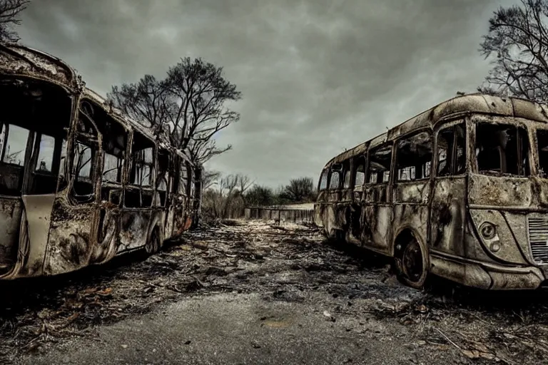 Prompt: burnt out coach, post apocalyptic, atmospheric, moss covered ruins, broken down coach, empty streets, cinematic shot