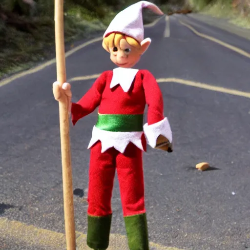 Image similar to an elf with spiky blonde hair wearing tan overalls and holding a stick of dynamite