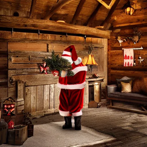 Image similar to Santa inside a rustic barn, in the style of Jenny Nyström