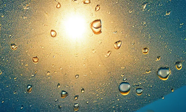 Image similar to beautiful picture of big upside-down raindrops floating quietly in a sunny blue sky, hot and sunny, highly-detailed, elegant, golden hour, dramatic lighting, artstation, 4k, cinematic landscape, photograph by National Geographic