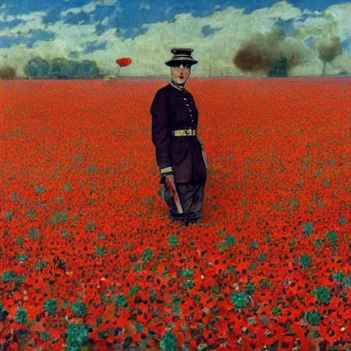 Image similar to world war 1 soldier in a field of giant poppies, surrealist, by robert mcginnis