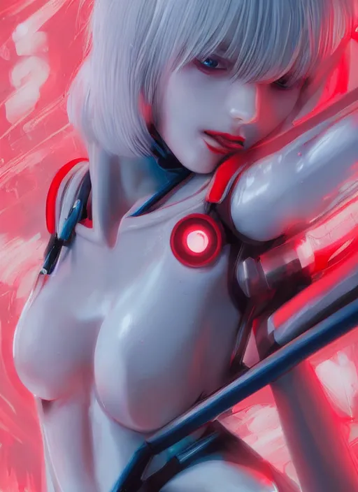 Image similar to unnatural body rei ayanami, fluent composition, red and white neon, concept art, ambient light, 4 k, intricate details, highly professionally detailed, cgsociety, highly detailed -