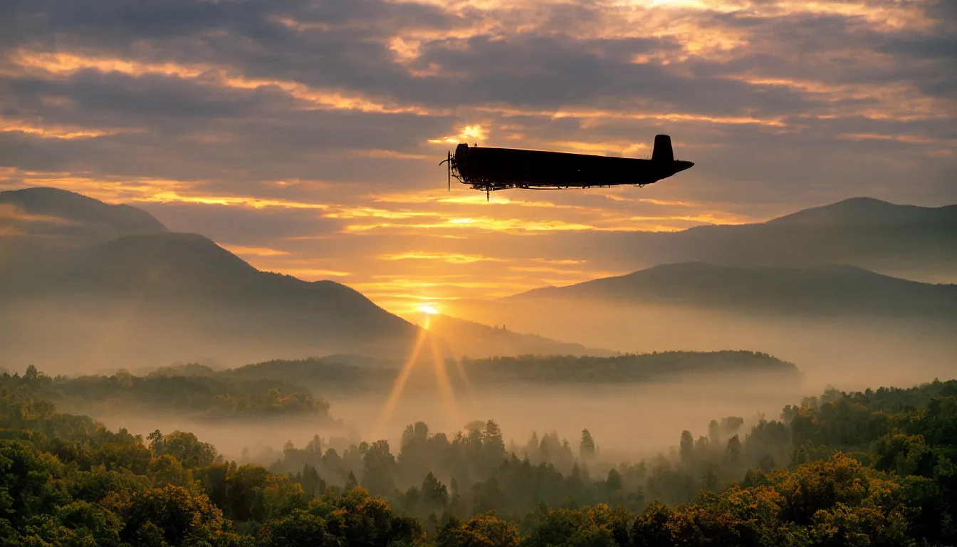 Image similar to a steam powered flying boat flies above a river valley at sunset, photograph with lighting by frederic edwin church, golden hour, nature, 2 4 mm lens, fujifilm, fuji velvia, flickr, 5 0 0 px, award winning photograph, highly detailed, beautiful capture, rule of thirds, crepuscular rays, steam punk