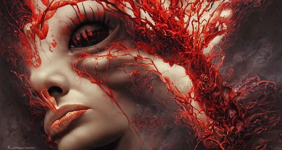 Image similar to a volcano made of ivory vines and crimson rocks enters in eruption, it spits a smoke in the shape of demonic eye, by Karol Bak, by Gainax Co,