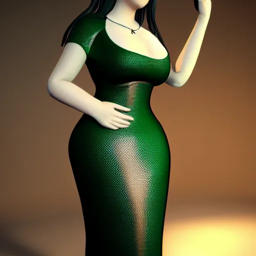 Image similar to curvy feminine hot goth cutie with sublime modest elegant patterned green-black snakeskin leather neck-high gown, cgsociety, photorealistic, comfy ambience, idealistic, 16k, smooth, sharp focus, trending on ArtStation, volumetric lighting, fully clothed, worksafe