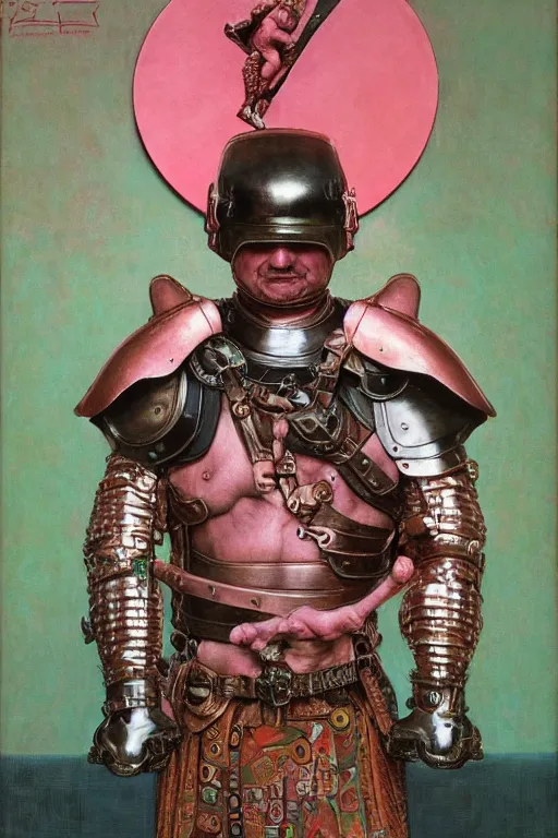 Prompt: head and torso portrait of jocko willink as huge warrior wearing plate armour and cape, dynamic action, pink and green, by lawrence alma tadema and zdzislaw beksinski and norman rockwell and tom lovell and greg staples and john william waterhouse