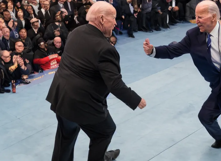 Prompt: Joe Biden punches a fat man, 8K, high quality, highly detailed