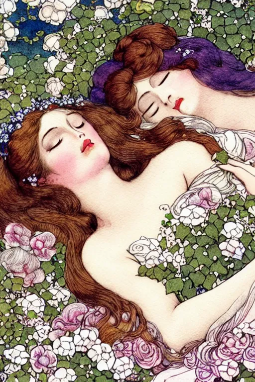 Prompt: closeup face shot of sleeping woman with long hair on a bed surrounded by ivy and flowers, fantasy art, trending on artstation, sleeping beauty fairytale, art by hans zatzka and walter crane and kay nielsen, watercolor illustration,