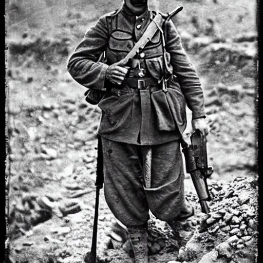 Image similar to Kurdish soldier, ww1 trench, war photo, film grain, award winning photo
