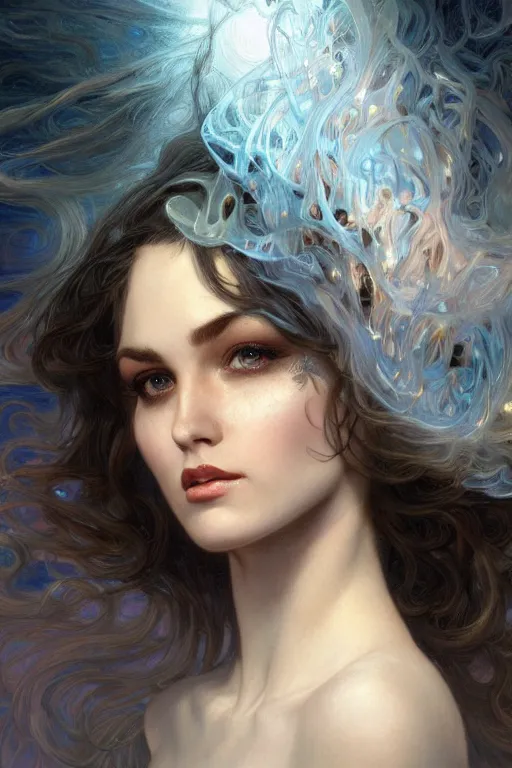 Image similar to realistic portrait of mata hair surrounded by veils, nge, dark fantasy, face closeup, intricate, highly detailed, digital painting, volumetric light, artstation, concept art, sharp focus, illustration, art by gil elvgren and greg rutkowski and luis royo, and alphonse mucha,