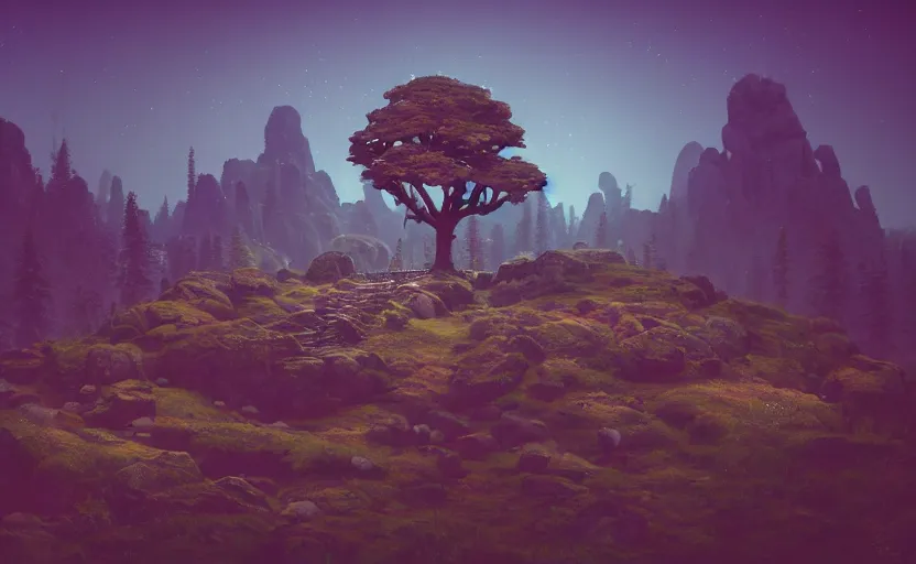 Prompt: dwarven tree in the rocky hills, Low level, rendered by Beeple, Makoto Shinkai, syd meade, simon stålenhag, synthwave style, digital art, unreal engine, WLOP, trending on artstation, 4K UHD image, octane render,