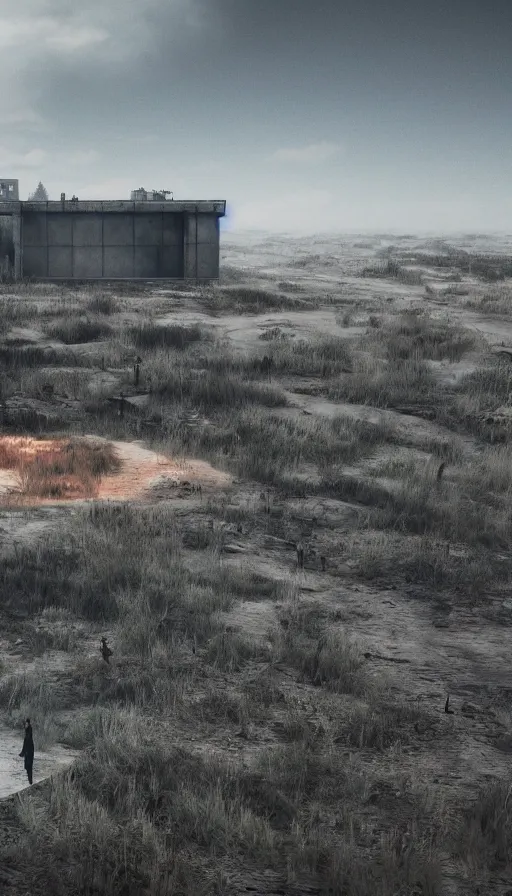 Image similar to a dystopian landscape made of beautiful naturist couples, Octane Render, cinematic