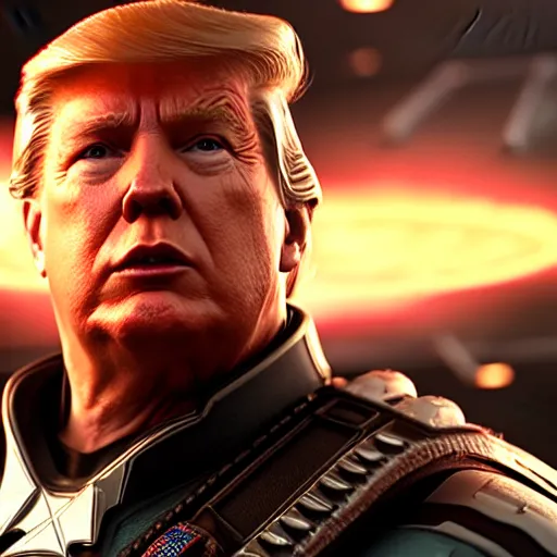 Image similar to Portrait of Donald Trump as captain america in Gears of War, splash art, movie still, cinematic lighting, dramatic, octane render, long lens, shallow depth of field, bokeh, anamorphic lens flare, 8k, hyper detailed, 35mm film grain