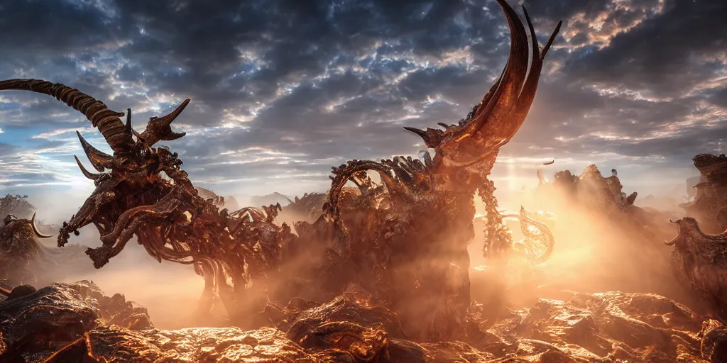 Image similar to ribs and spines and teeth, gold ram horns, copper goat skulls, grand imposing powerful sculpture. swirls of mist. sunrise, intense light beams, lens flare. occult photorealism, uhd, amazing depth, volumetric lighting, cinematic lighting. epic landscape.