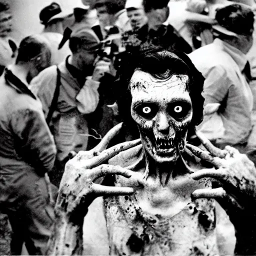 Image similar to real life irradiated walking zombie 1950s black and white award winning photo highly detailed, highly in focus, highly life-like Arriflex 35 II, by stanley kubrick