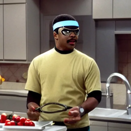 Image similar to Geordi La Forge wearing visor and a colander and random kitchen tools on his head