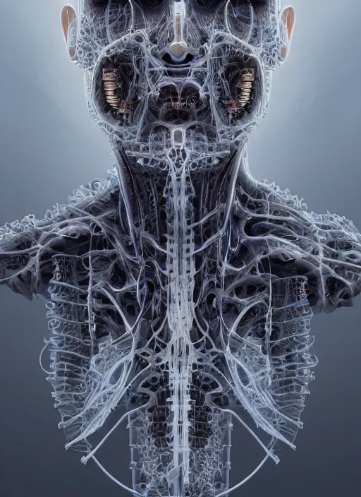 Prompt: portrait of a fractal cyborg assembled from many biomechanical parts in a diffuse fog, smoke comes out of his face, illustrated by Artgerm, hyper detailled, fog, cinematic lighting, trending on artstation