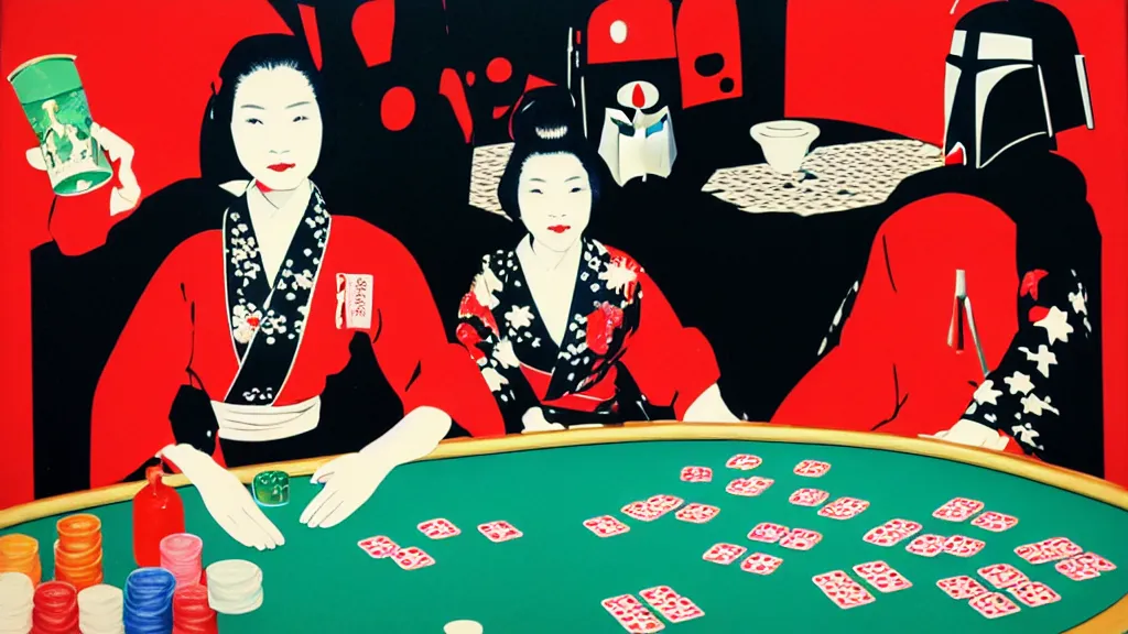 Image similar to woman in a black japanese kimono, sitting at an extremely detailed poker table with the boba fett, sake on the table, fireworks and stars on the background, by andy warhol, by roy liechtestein, canvas, acrylic paint, ivory palette, 4 k, ultra - hd