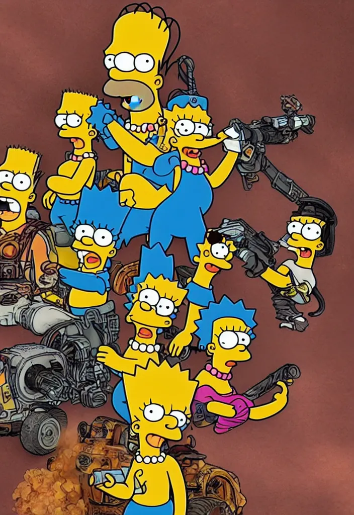 Image similar to Homer, Marge, Bart and Lisa Simpson in Fury Road Road Warrior movie, borderlands 4k render