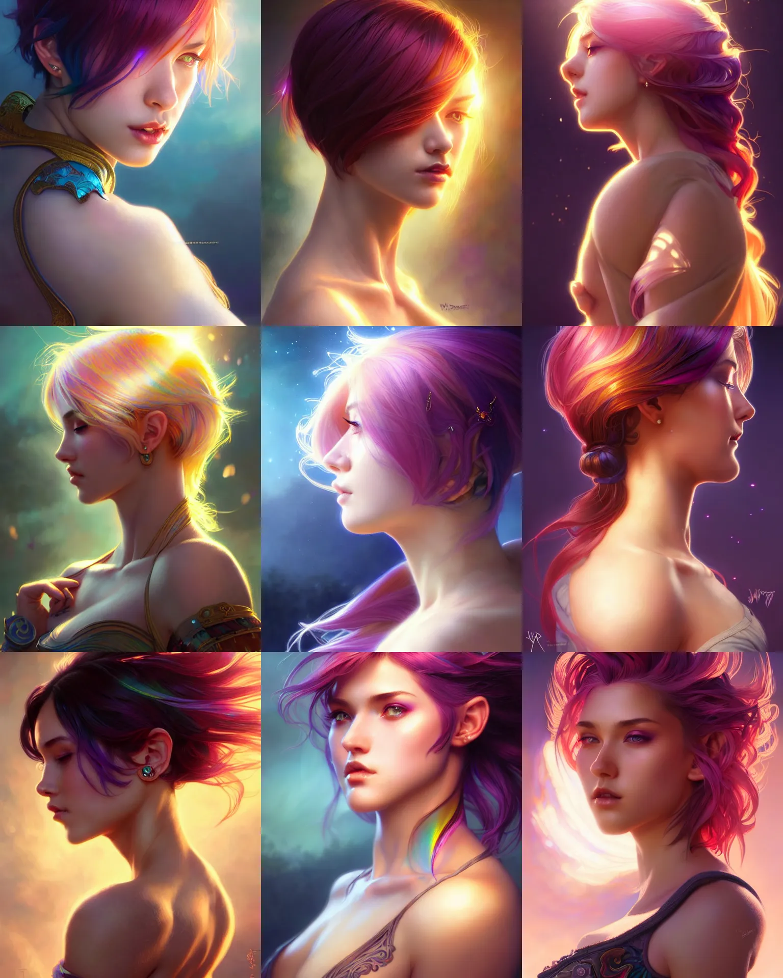 Prompt: side portrait of a sexy attractive supermodel young female, magic fantasy, multi colored hair, short hair style, intricate, sharp focus, lens flare, bloom, rim light, illustration, highly detailed, digital painting, concept art, matte, art by wlop and ross tran and artgerm and greg rutkowski and alphonse mucha, masterpiece