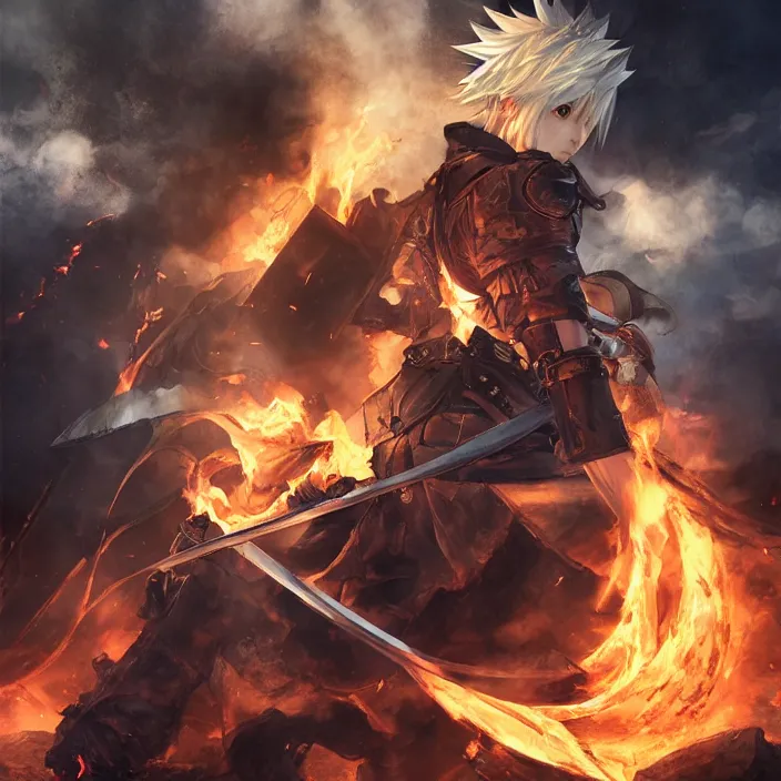 Prompt: anime portrait of sword wielding male protagonist in a final fantasy game, surrounded by rubble and debris, smoke and flames, atmospheric realistic lighting, extremely detailed, trending on pivix fanbox, art by akihiko yoshida.