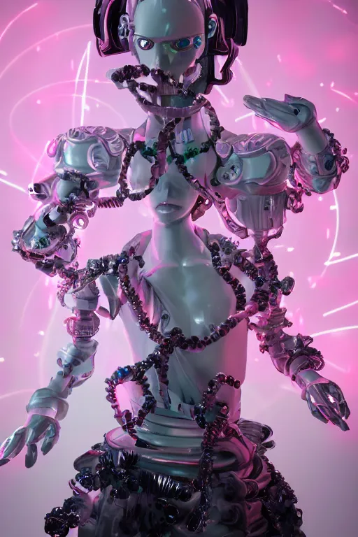 Image similar to full-body rococo and cyberpunk style quartz sculpture of a young handsome seductive Venezuelan android prince reaching for the sky, glowing pink laser eyes, crown of white gears and diamonds, swirling green-colored silk fabric. futuristic elements. full-length view. intricate artwork by caravaggio. Trending on artstation, octane render, cinematic lighting from the right, hyper realism, octane render, 8k, depth of field, 3D