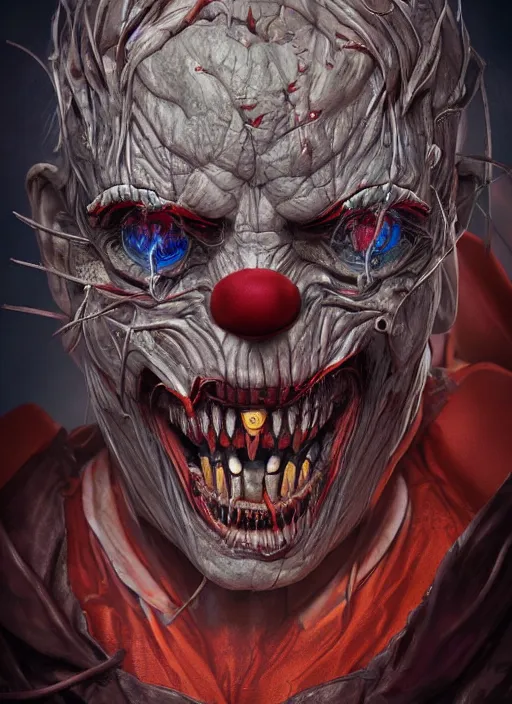 Image similar to evil horror clown, monster anatomy, ross tran, vivid colors, anatomical, highly detailed sculpture, intricate detailed, ommatidia, 8 k, cinematic atmosphere, post - processing