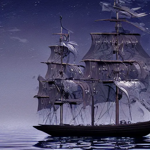 Prompt: extravagant pirate ship sailing over the still sea at night. moonlight. concept art. matte painting