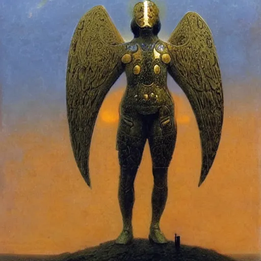 Image similar to arch angel in ancient golden armor, beksinski