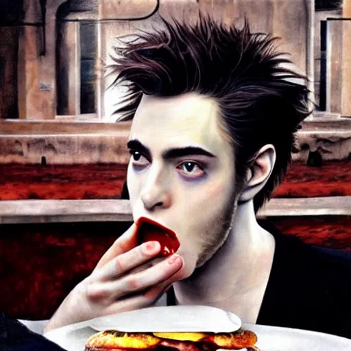 Prompt: edward cullen eating a hamburger super details, hyperrealist, cinematic style, giger towers on background