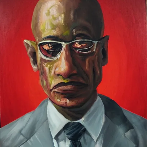 Prompt: an oil painting of Arabic Gus Fring with blood shot eyes