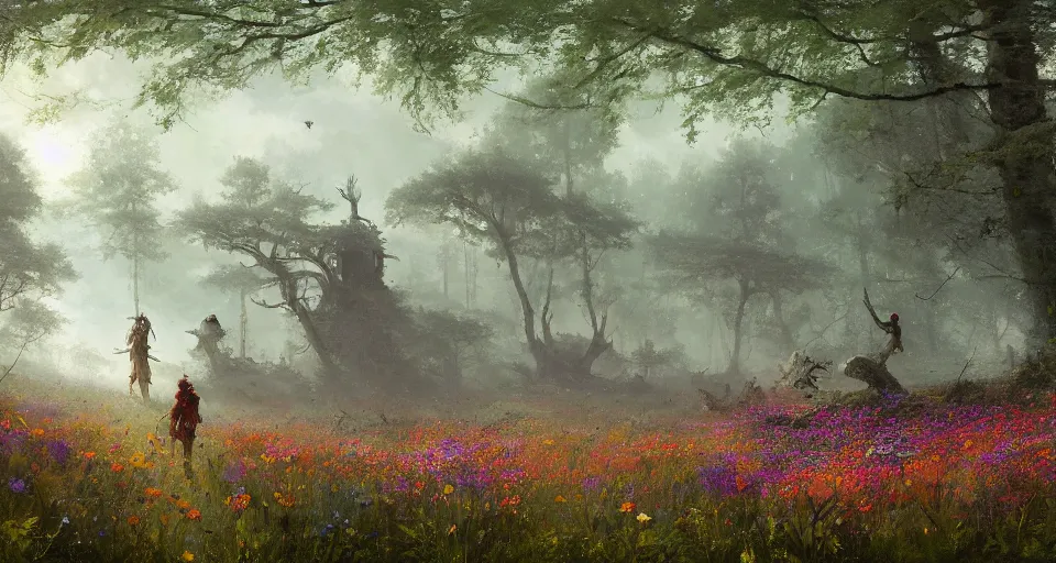 Image similar to Enchanted and magic forest full of wild flowers, space ship landing by JAKUB ROZALSKI