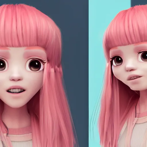 Image similar to A portrait of Nikki from Shining Nikki and Love, a cute 3d cgi toon young woman with long light pink hair, full bangs, hazel eyes, full face, light makeup, pale skin, Chinese heritage, cute outfit, medium shot, mid-shot, hyperdetailed, 8k, trending on artstation, as a Pixar character