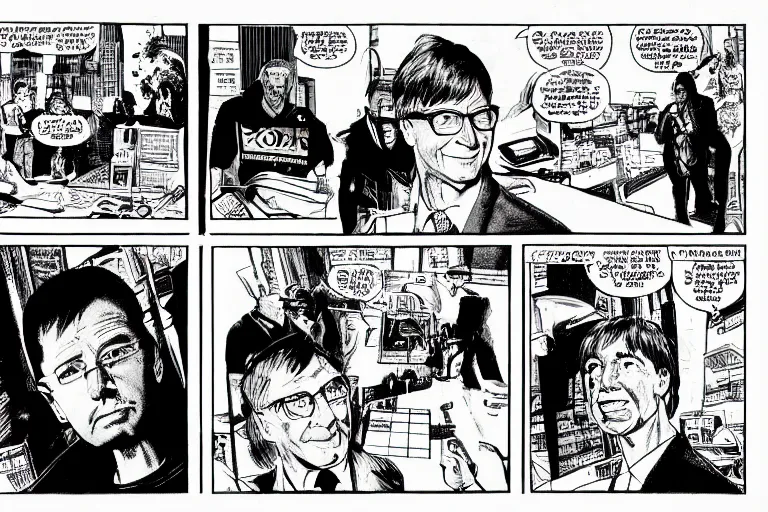 Prompt: bill gates, presenting the microsoft xbox at ces 2 0 0 1, a page from cyberpunk 2 0 2 0, style of paolo parente, style of mike jackson, adam smasher, johnny silverhand, 1 9 9 0 s comic book style, white background, ink drawing, black and white