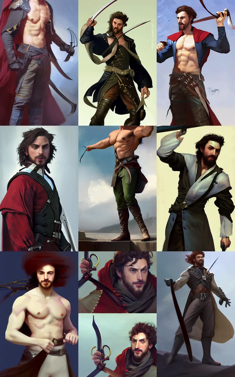 Prompt: character concept portrait of happy Aaron Taylor Johnson as a swashbuckler flourising a rapier, fit, abs, robes, elegant, digital painting, concept art, smooth, sharp focus, illustration, from Metal Gear, by Ruan Jia and Mandy Jurgens and William-Adolphe Bouguereau, Artgerm